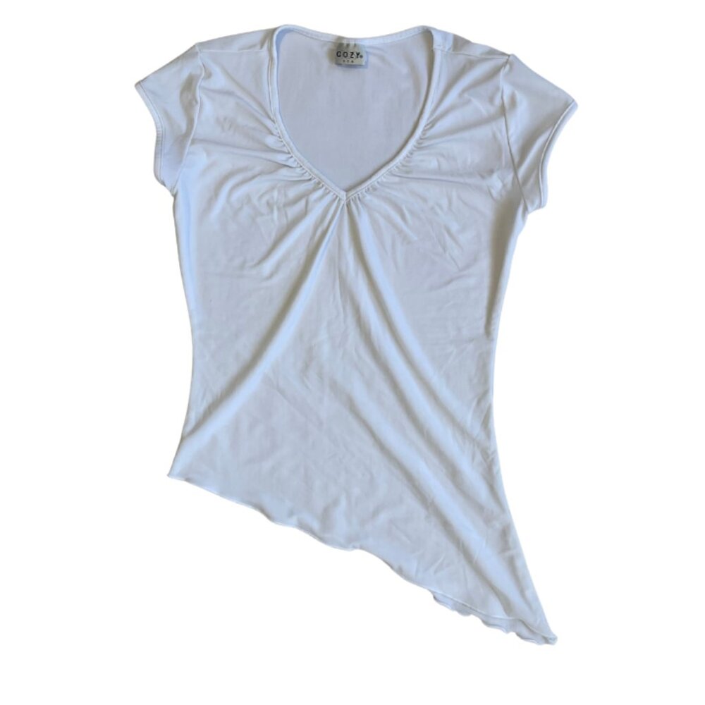 cozy usa y2k white asymmetrical v neck blouse top size medium